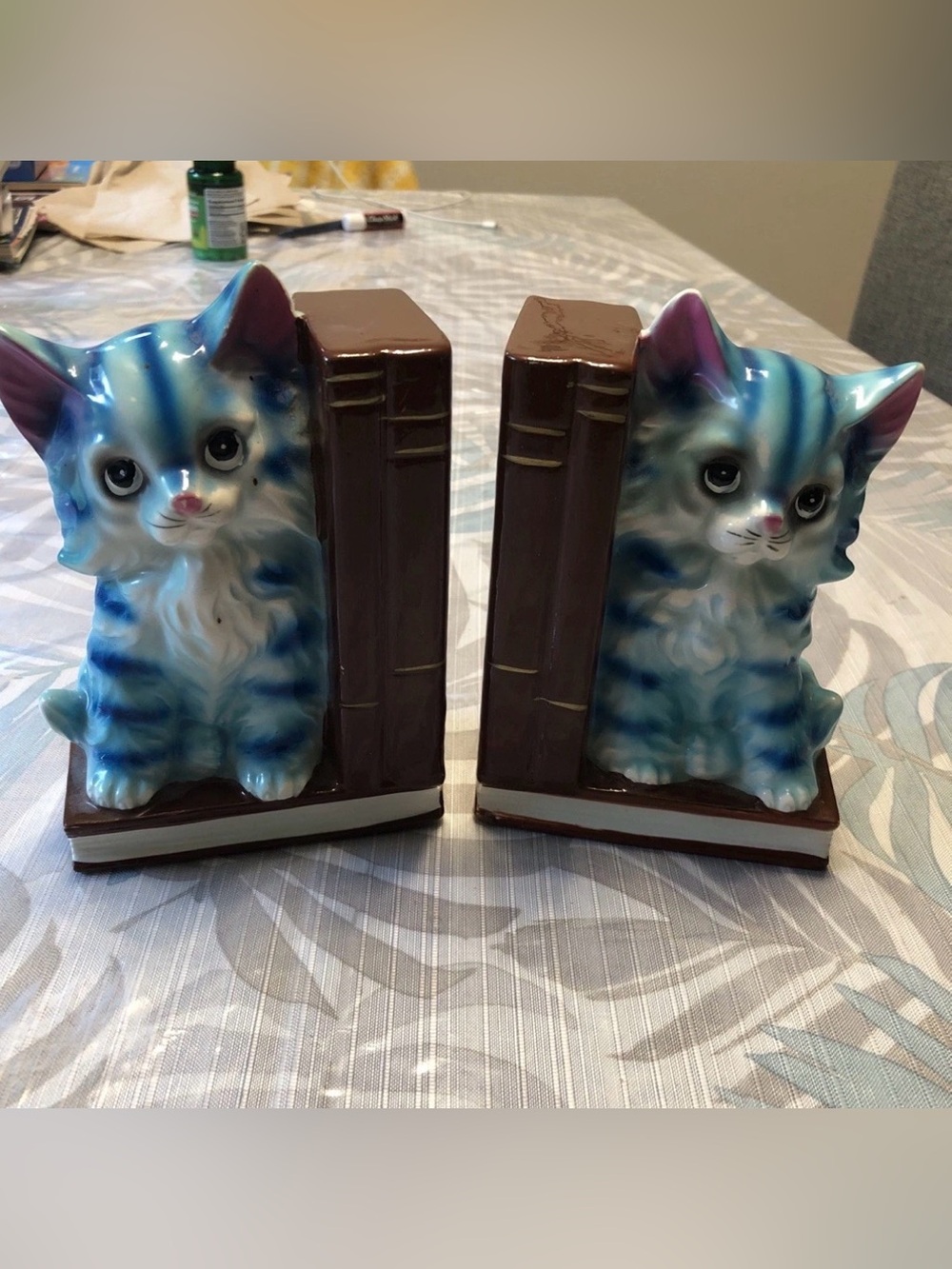 Vtg Trimont Ware Japan, Blue Ceramic Kitty Bookends 5.5” Tall